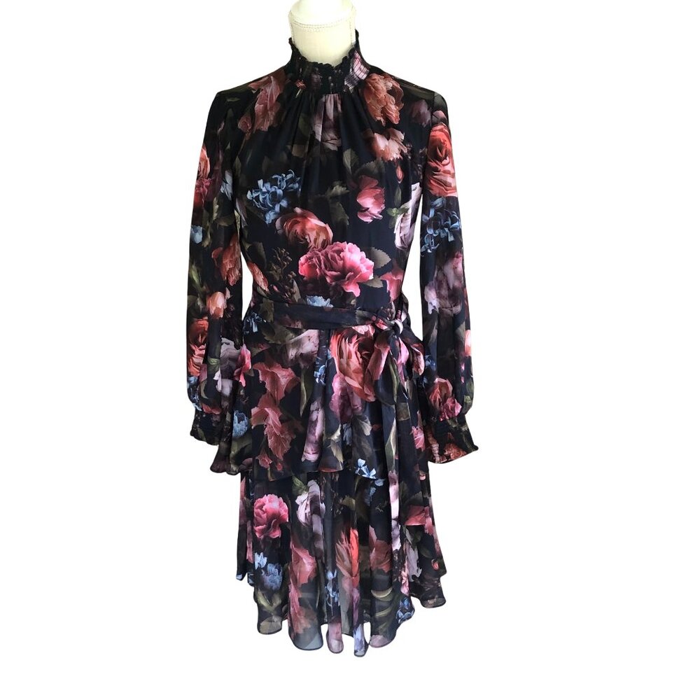 Alex Marie Black Floral Boho romantic Maxi Dress High Neck Flowy Tiered Ruffle